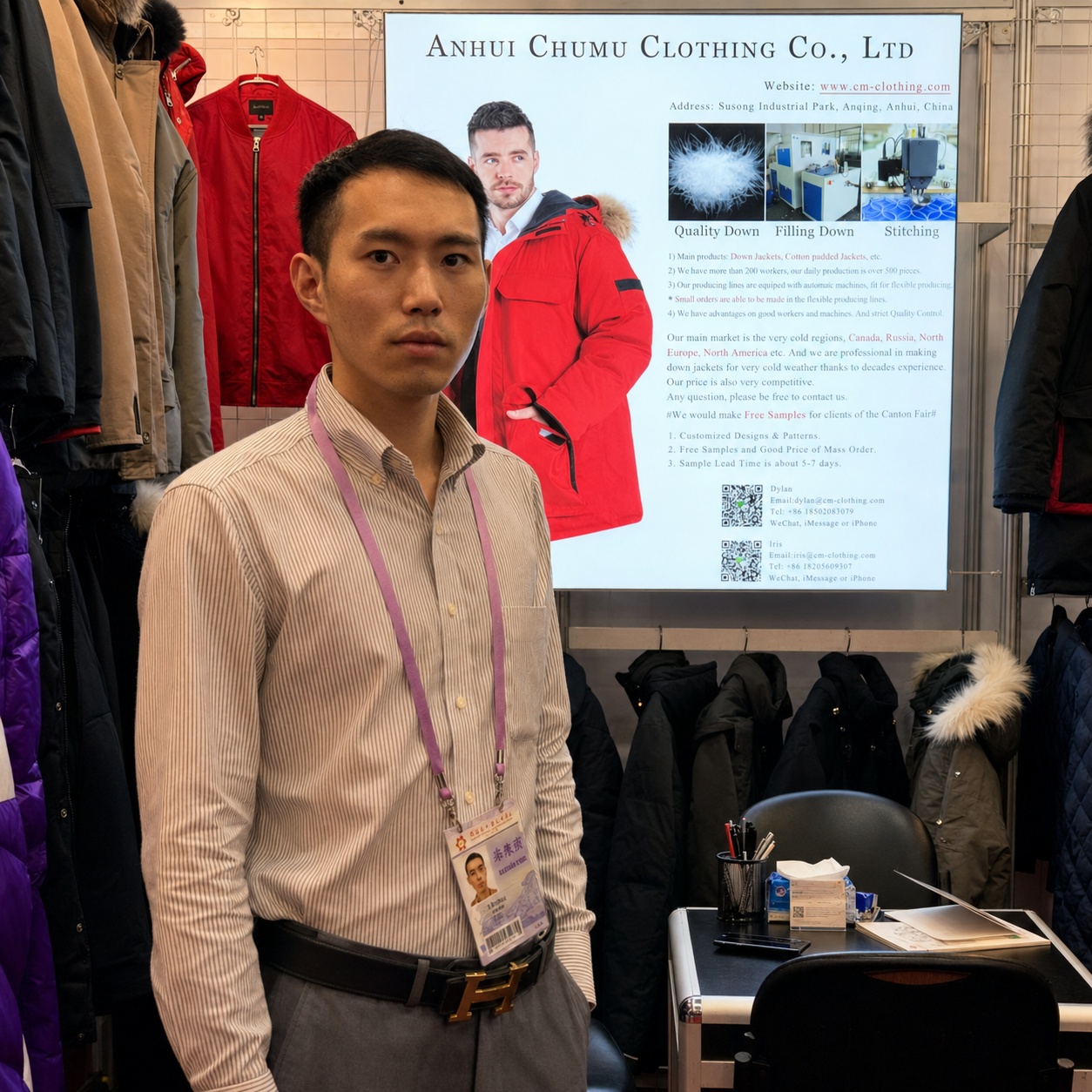 Dylan Wang at Canton Fair apparel booth