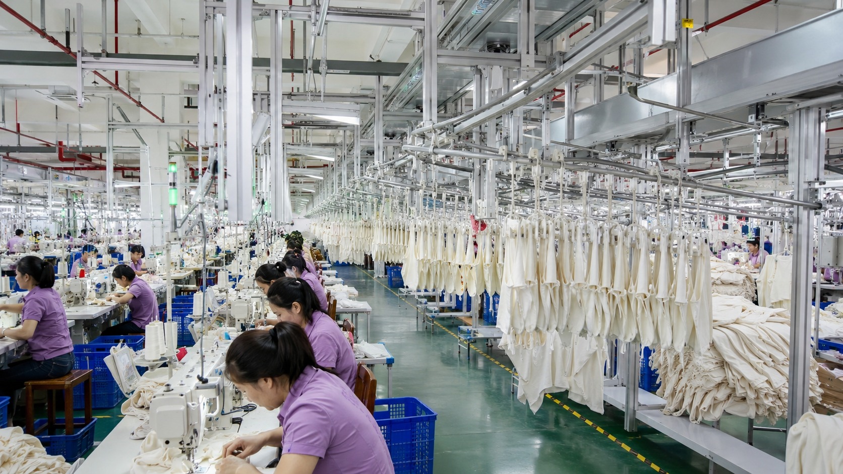 Hanging production line in apparel factory